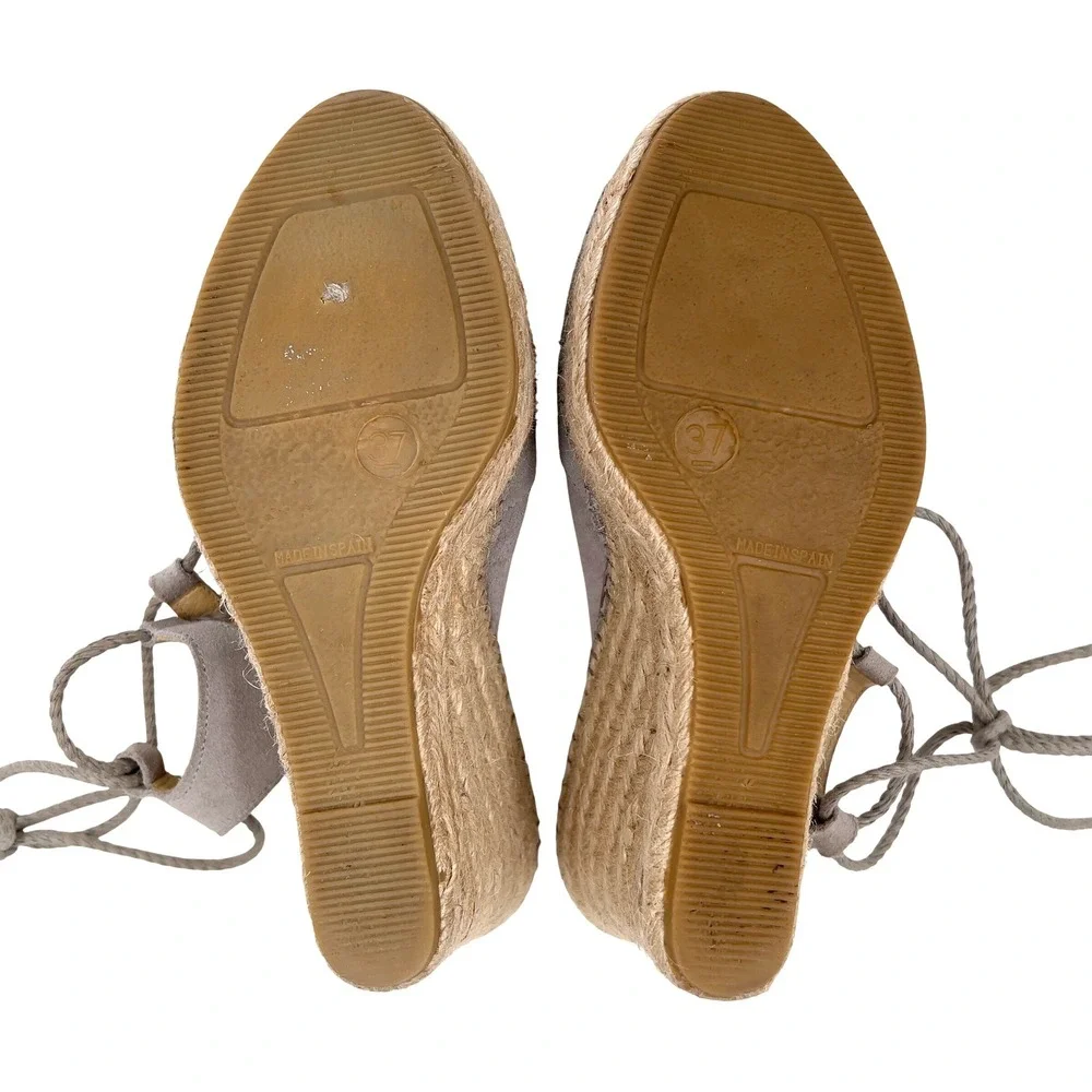 Fabiolas Gray Suede Lace‎ Up Wedge Espadrille Sandals  Size 37